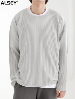 ALSEY Japán egyszínű Alkalmi Mélypont Ing Divat Rakott Kerek Nyakú Hosszú Ujjú Felső póló Férfi ruházat Streetwear