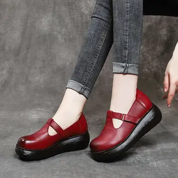 2024 Kézzel Készített Retro Stílusú Női Platform Cipő, Tavaszi-Nyári Valódi Tehén Bőr Ék Sarok Sekély Alkalmi Cipő
