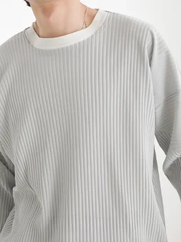 ALSEY Japán egyszínű Alkalmi Mélypont Ing Divat Rakott Kerek Nyakú Hosszú Ujjú Felső póló Férfi ruházat Streetwear