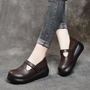 2024 Kézzel Készített Retro Stílusú Női Platform Cipő, Tavaszi-Nyári Valódi Tehén Bőr Ék Sarok Sekély Alkalmi Cipő
